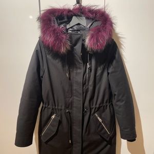 Mackage Rena parka with silver and blackberry fox trim size XS